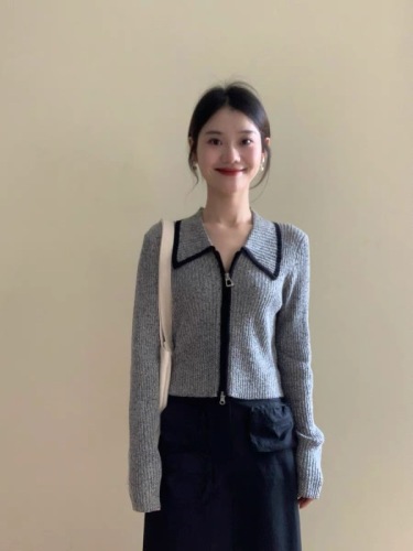 Contrast color lapel knitted cardigan zipper jacket for women 2024 autumn and winter new slim fit sweater long-sleeved top