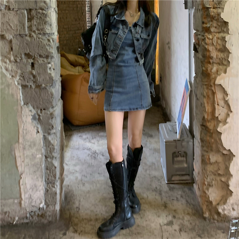 Denim hot girl niche short denim jacket + suspender denim dress two-piece set