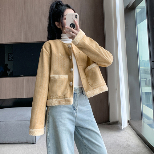 Real shot ~ Xiaoxiangfeng short jacket for women winter 2024 new lamb wool splicing thickened round neck jacket