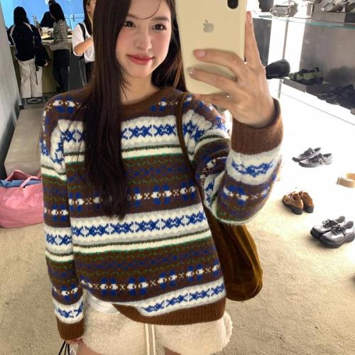 Xinbangbang homemade Nordic ethnic style jacquard knitted round neck Fair Isle sweater for women autumn and winter 2024 gentle style