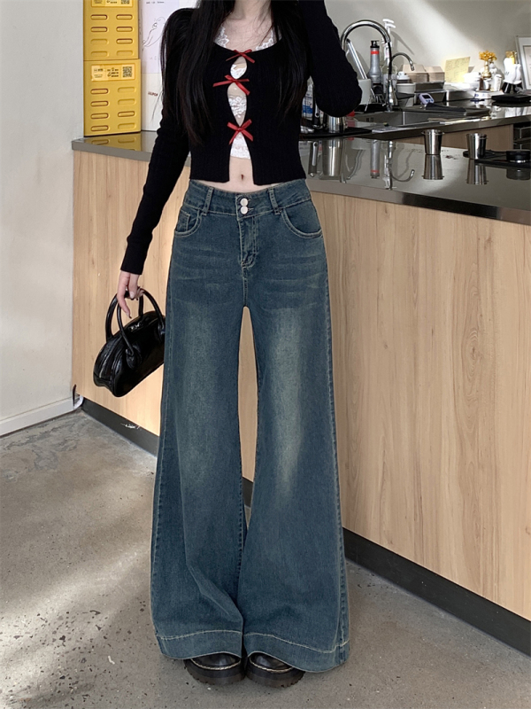Retro Hot Girl High Waist Elastic Loose Flare Jeans Autumn and Winter Slim Double Button Drape Horseshoe Pants