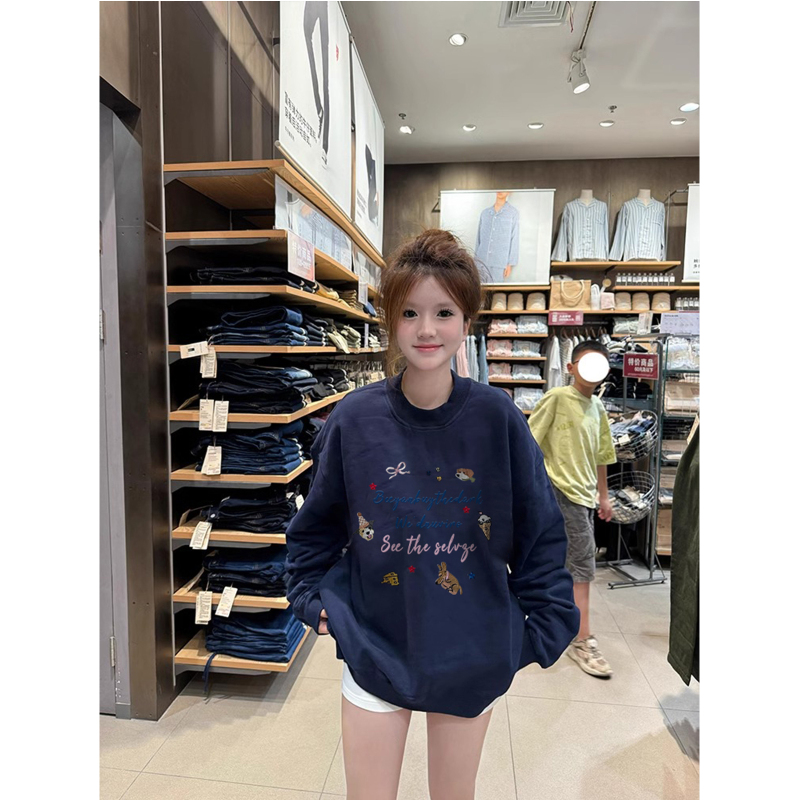 Pure cotton composite silver fox velvet 400g loose and lazy chic round neck sweatshirt