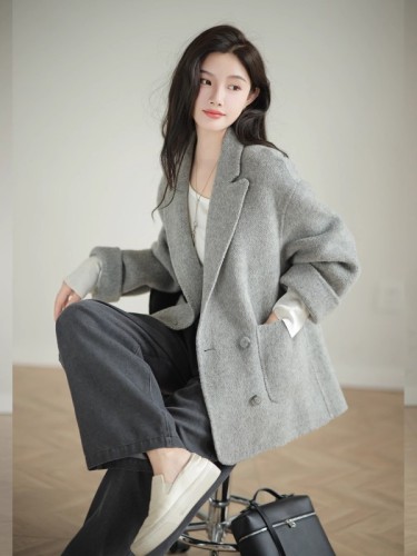 European station new winter double-sided sheep wool coat for women petite short double-breasted loose version blazer for women