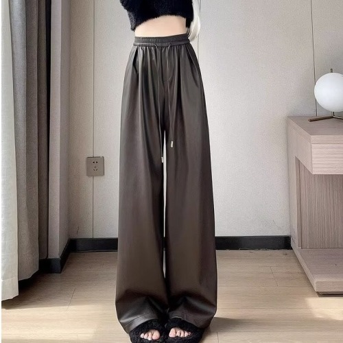 Brown windproof wide-leg leather pants for women 2024 autumn and winter new high-waisted loose slimming straight-leg drape casual pants