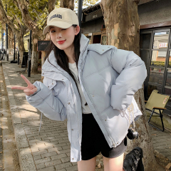 Real shot of blue hooded short down jacket for women 2024 new small Korean style thickened and slim cotton coat