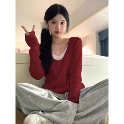 Autumn Korean style fake two-piece long-sleeved sweater T-shirt for women, soft and waxy slim-fit bottoming top for women