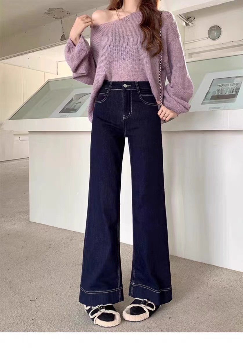 Real shot of dark blue denim high-waisted large size micro-flared wide-leg pants jeans for women with fat mm loose floor-length pants