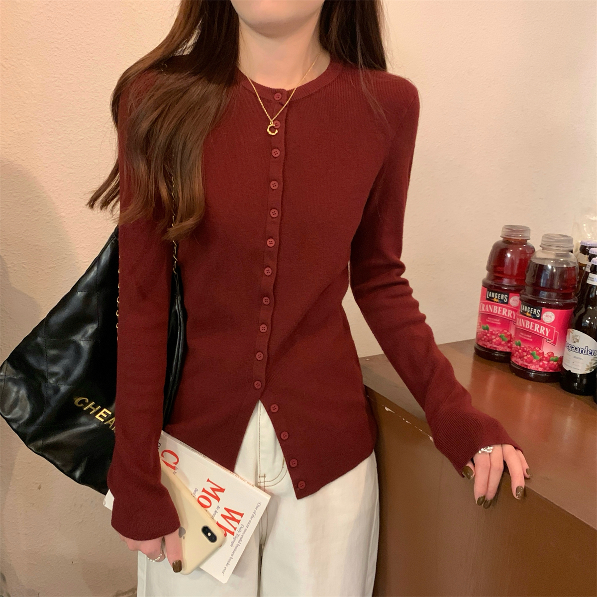 Actual shot of autumn and winter Korean style versatile single-breasted cardigan Andy velvet crew neck sweater long-sleeved sweater jacket