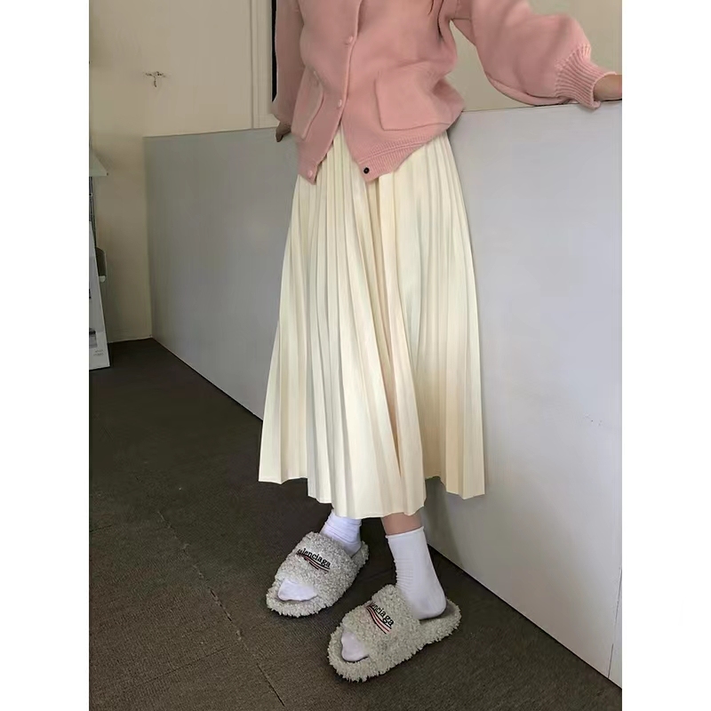 Autumn and winter gentle woolen pleated skirt with elastic waist, versatile slimming solid color long skirt