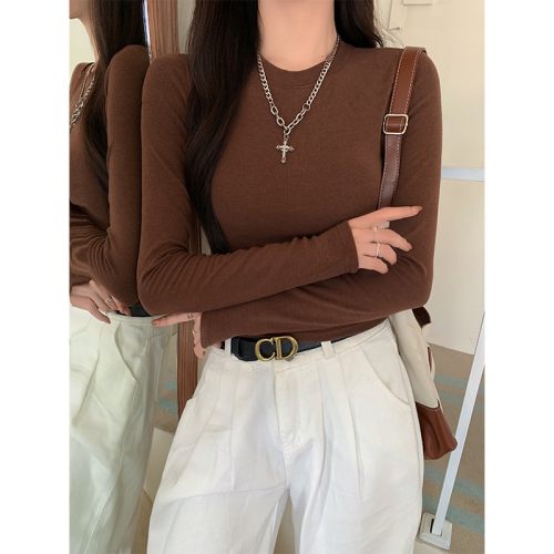 Combed cotton solid color long-sleeved T-shirt women's round neck pullover slim fit versatile bottoming shirt top