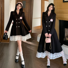 Real shot of large size college style bow dress for women, autumn temperament skirt for fat mm, waist slimming suit skirt