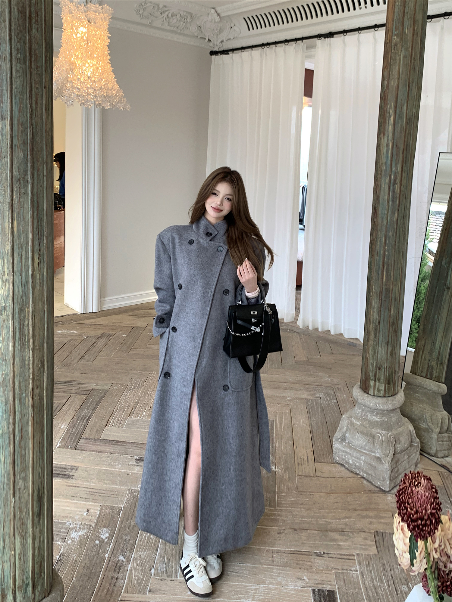 Real shot!  Retro Korean style high-end loose waist strapped stand collar long woolen coat jacket for women trendy