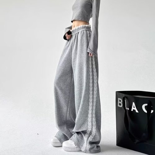 Trendy casual sweatpants for women autumn and winter 2024 new high-waisted spliced ​​lace drape slim sports wide-leg pants