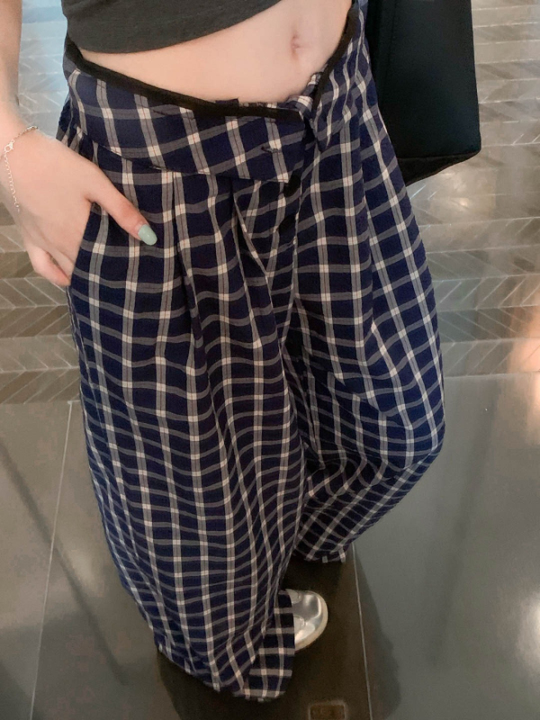 Retro plaid casual pants wide leg pants women's high waist lazy style loose plaid floor mopping pants
