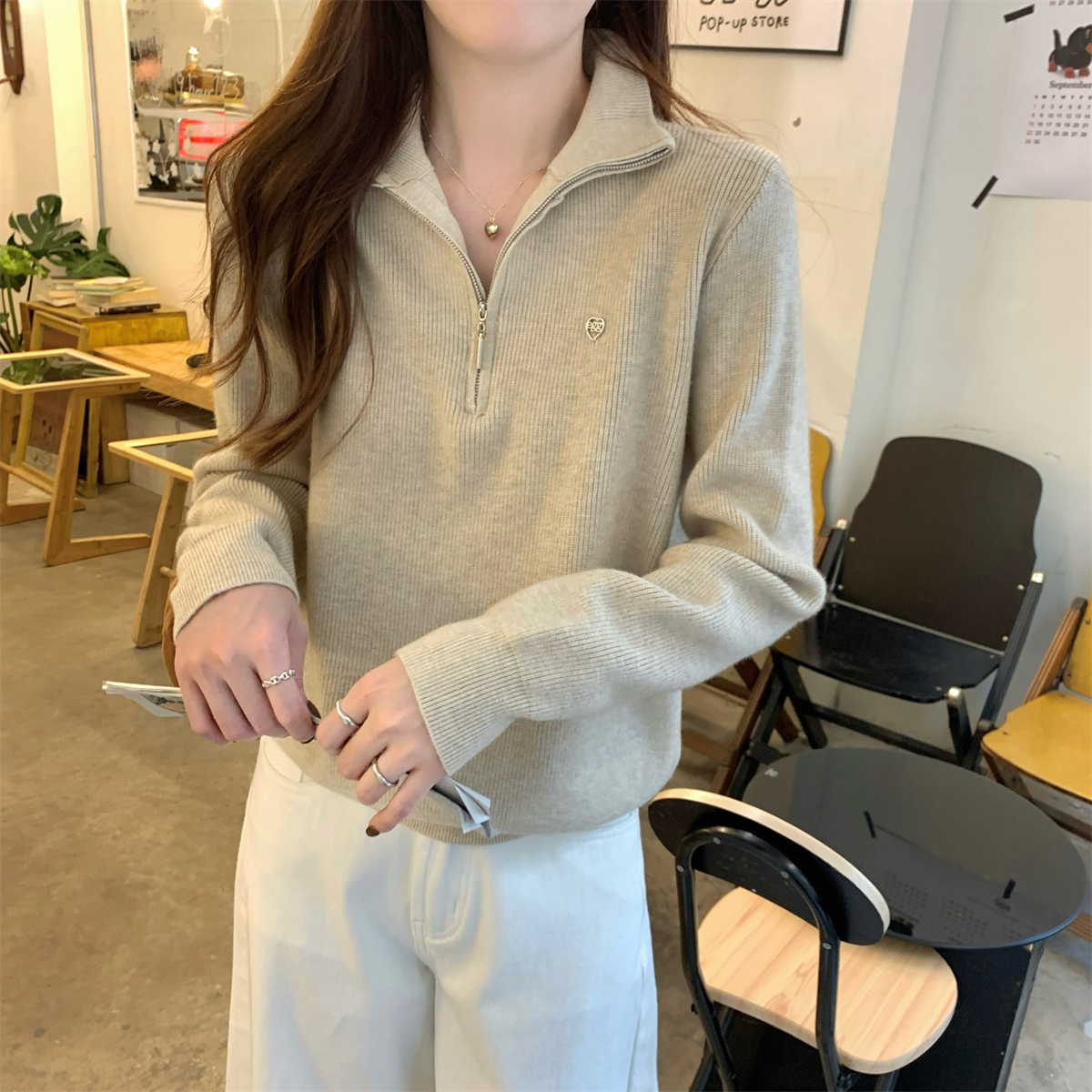 Actual shot of autumn and winter Korean style loose zipper collar versatile Andy velvet sweater long-sleeved inner sweater top