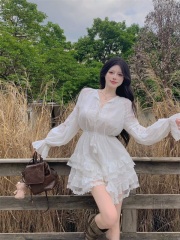 First love complex white textured dress women's irregular cake skirt