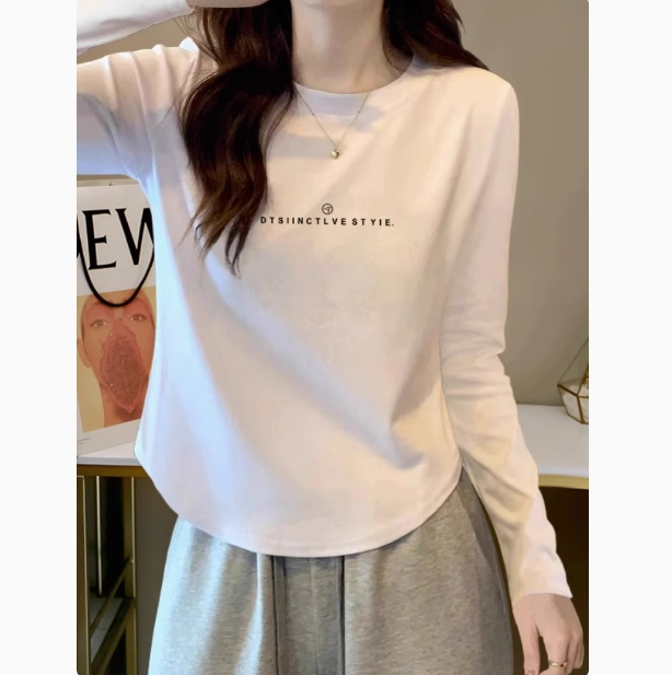 White letter printed long-sleeved T-shirt for women in spring and autumn new slim-fitting bottoming shirt for slimming hot girl short top