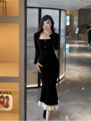 Wear a high-end gold velvet dress for autumn and winter, new black long skirt, fishtail skirt, women's spring and autumn skirt