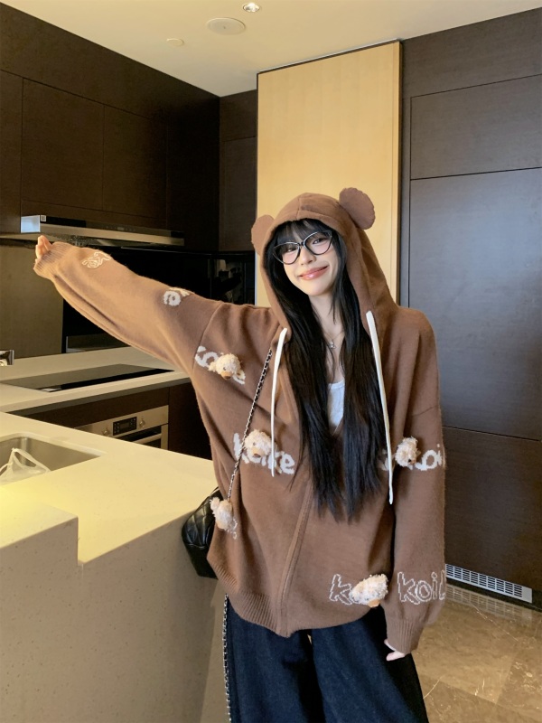 Korean cute three-dimensional bear lazy style coffee color hooded sweater cardigan