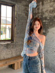 Retro Tie Dye Thin Half Turtle Neck Mesh T-Shirt Women's Long Sleeve Top