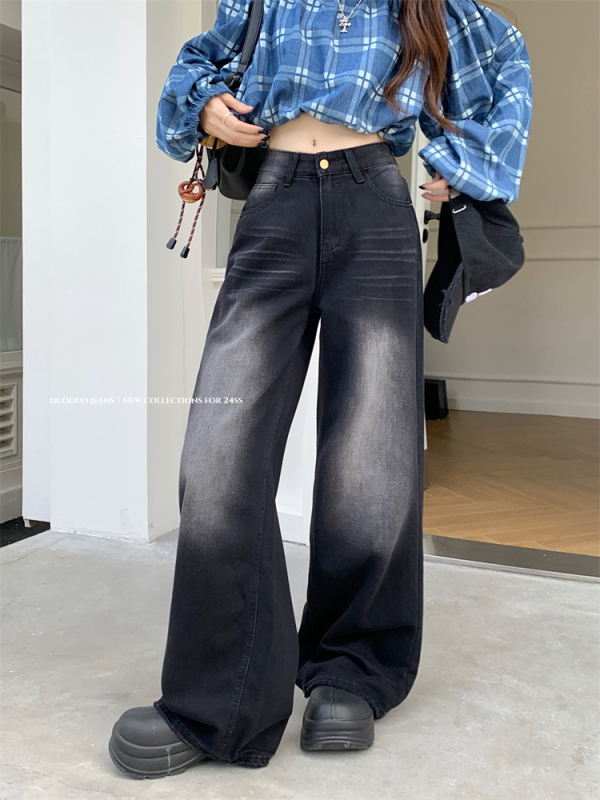 American retro black straight-leg jeans for women new high-waisted loose wide-leg floor-length trousers