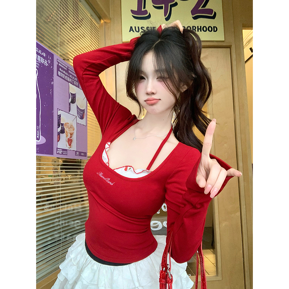 Shot-on camera U-neck bow sweet and spicy slimming red short-sleeve top two-piece set