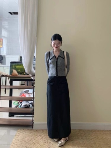 Contrast color lapel knitted cardigan zipper jacket for women 2024 autumn and winter new slim fit sweater long-sleeved top