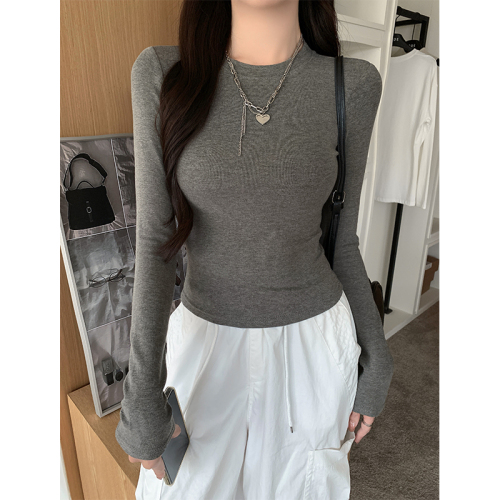 Combed cotton solid color long-sleeved T-shirt women's round neck pullover slim fit versatile bottoming shirt top