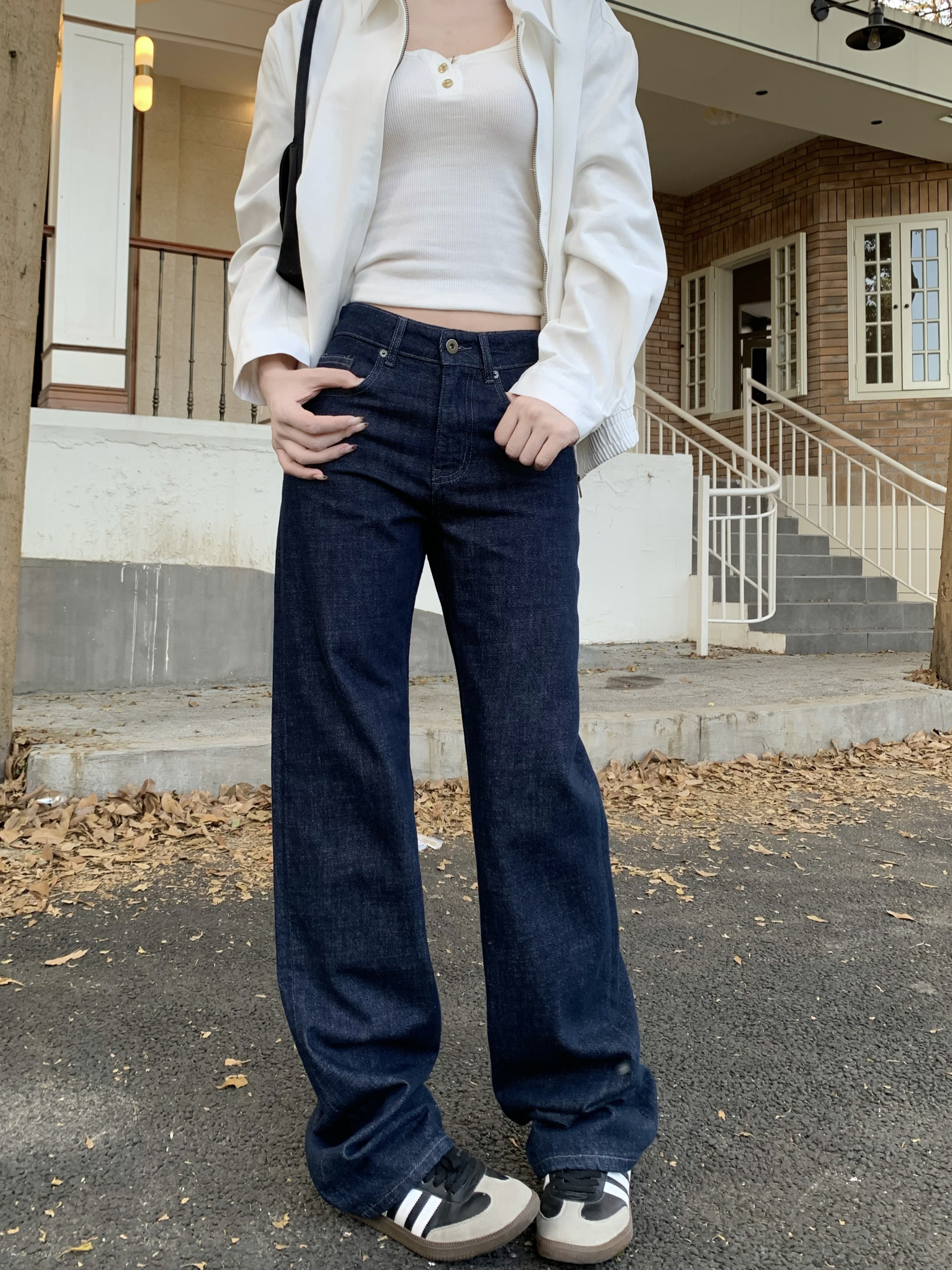Real shot!  Korean style original color jeans for women, casual, versatile, mid-waist, straight, wide-leg, slimming, boot-cut trousers