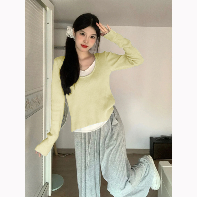 Autumn Korean style fake two-piece long-sleeved sweater T-shirt for women, soft and waxy slim-fit bottoming top for women