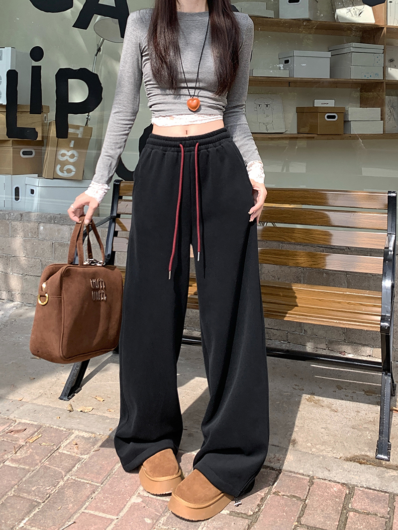Real shot of velvet thickened gray casual pants for autumn and winter, women's high-waist straight pants, wide-leg pants, drapey floor-length pants