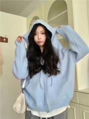 Autumn hooded sweater jacket for women new Korean style winter loose outer wear sweater cardigan temperament top