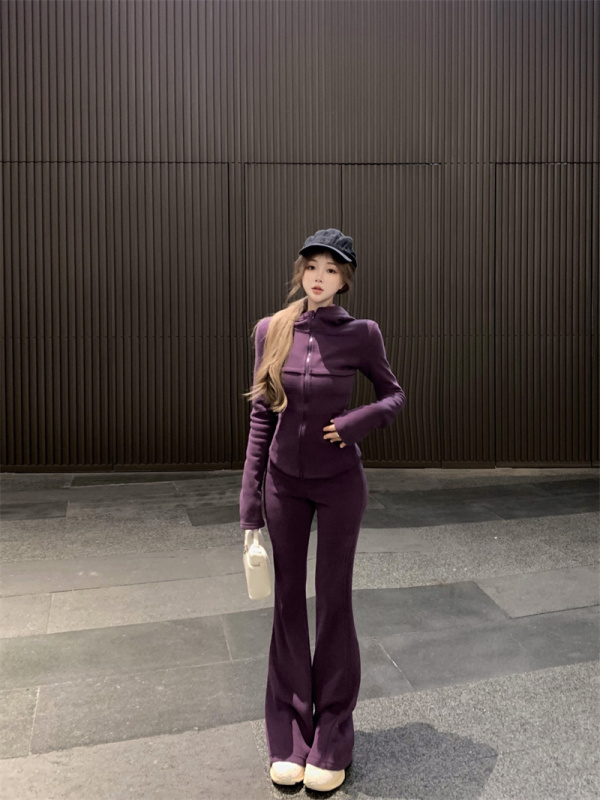 Lazy casual suit, stylish thickened zipper hooded slim jacket, micro-flared trousers two-piece set