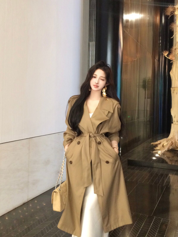 Korean drama high-end double-breasted lace-up waist long windbreaker jacket v-neck satin dress