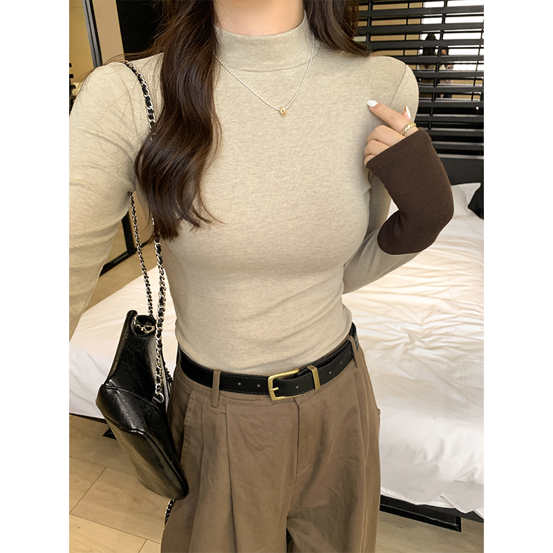 實拍韓版正肩半高領羊絨打底衫女秋冬撞色拼接修身顯瘦上衣
