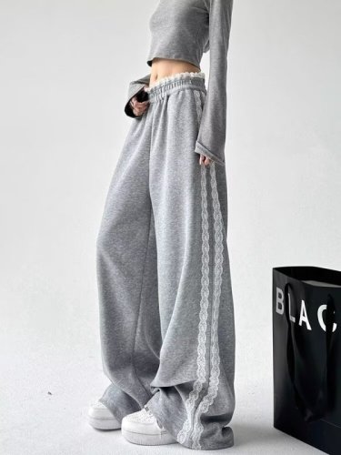 Trendy casual sweatpants for women autumn and winter 2024 new high-waisted spliced ​​lace drape slim sports wide-leg pants