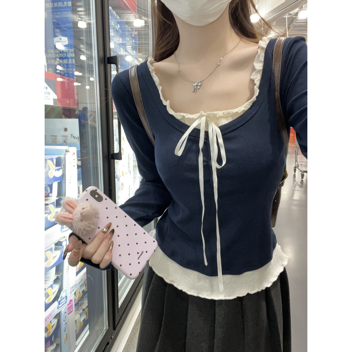 Real shot of autumn and winter Korean style slim fit contrasting color splicing pure desire button fake two-piece long-sleeved inner T-shirt top for women