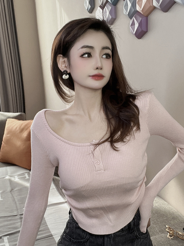 New Pure Desire Versatile Slim U-neck Padded Sweater Pleated Short Bottoming Top for Women