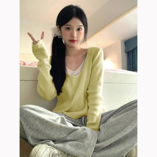 Autumn Korean style fake two-piece long-sleeved sweater T-shirt for women, soft and waxy slim-fit bottoming top for women