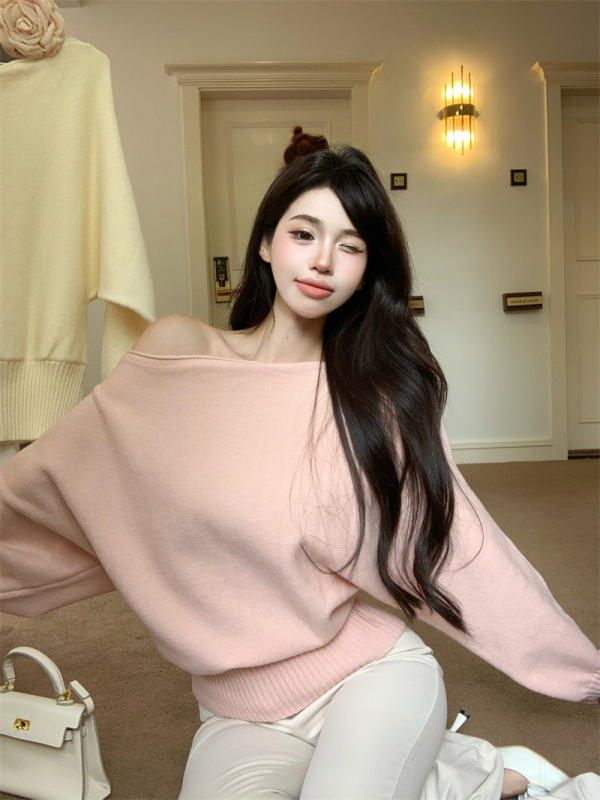 Autumn and winter pure lust lazy style sexy slant collar off-shoulder bat sleeves loose pullover sweater
