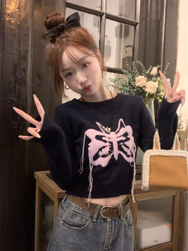 蝴蝶撞色圓領針織衫女秋季新款百搭套頭毛衣修身顯瘦長袖上衣