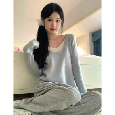 Autumn Korean style fake two-piece long-sleeved sweater T-shirt for women, soft and waxy slim-fit bottoming top for women