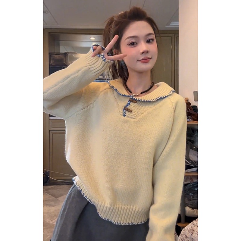 Creamy Yellow Youthful Cow Horn Collar V-Neck Hooded Cardigan Top for Women Autumn/Winter Slouchy Soft Bear Fleece Knitwear