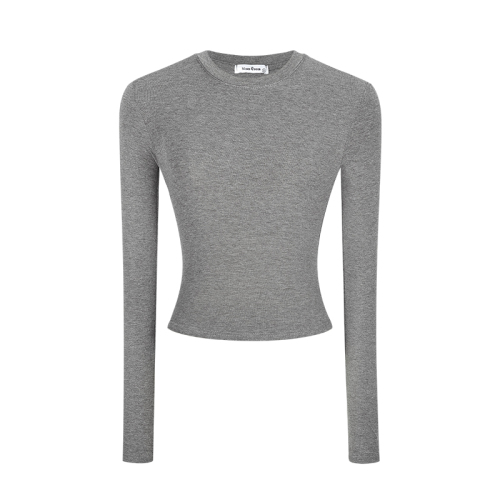 Combed cotton solid color long-sleeved T-shirt women's round neck pullover slim fit versatile bottoming shirt top