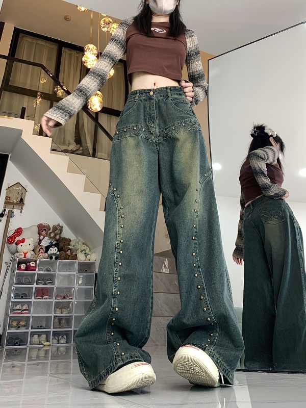 Retro blue washed low waist jeans for women slimming loose straight wide leg pants
