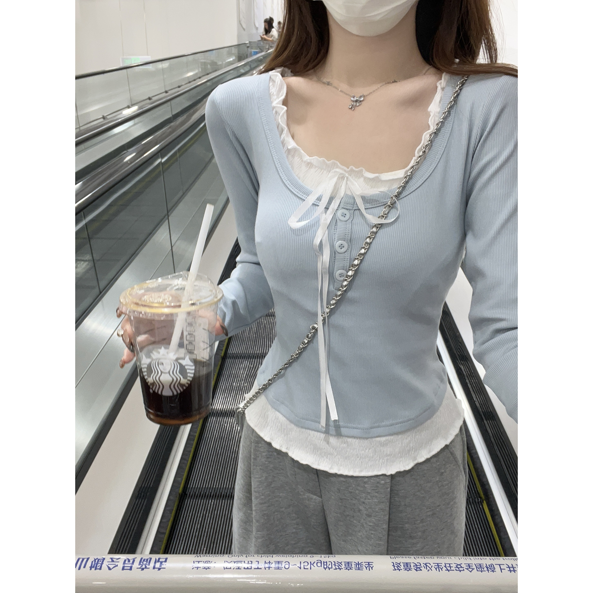 Real shot of autumn and winter Korean style contrasting color splicing pure desire sweet fake two-piece design long-sleeved inner T-shirt top for women