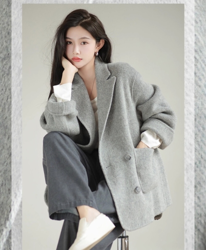 European station new winter double-sided sheep wool coat for women petite short double-breasted loose version blazer for women