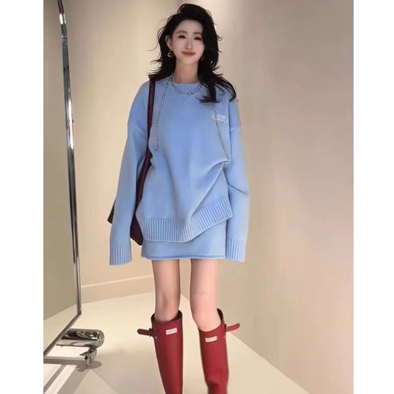 高級感氣質時尚慵懶針織套裝女裝秋冬新款獨特絕美上衣短裙兩件套