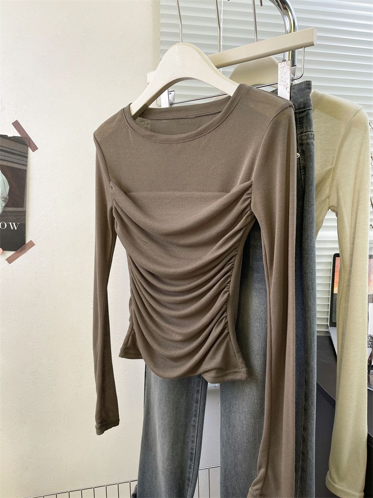 Real shot long-sleeved t-shirt female thin slimming inner wear sweetly beautiful top straight shoulder undershirt early autumn 