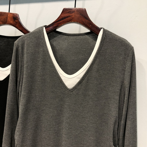 Official picture V-neck, right shoulder, fake two-piece long-sleeved T-shirt for women, spring and autumn Korean version, versatile loose slimming bottoming shirt